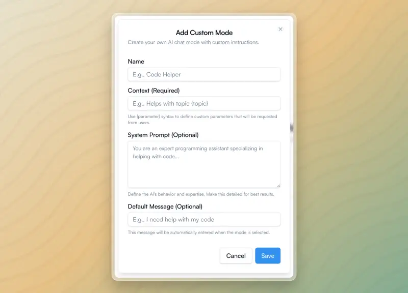 Custom chat mode creation dialog